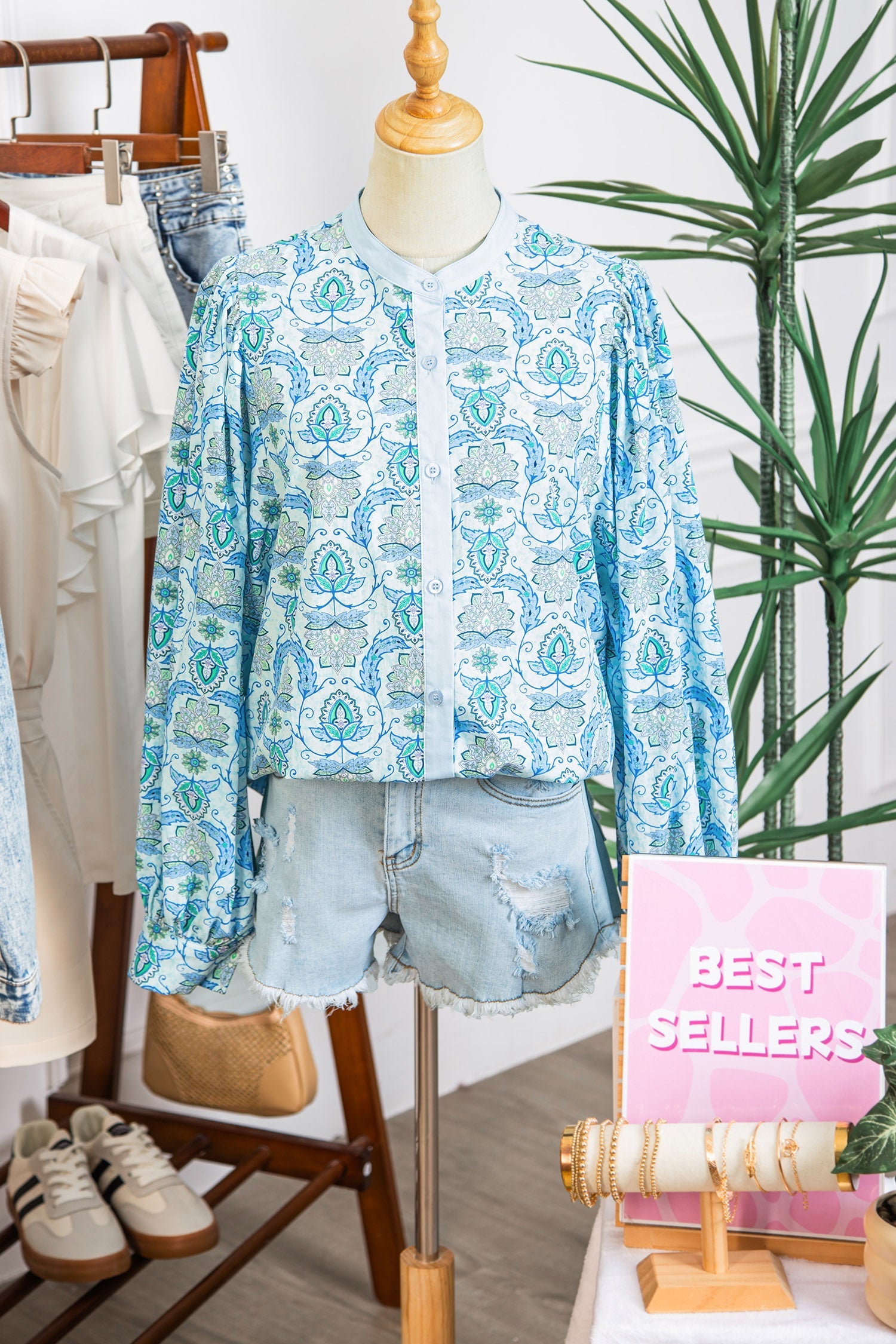 Paisley Print Puff Sleeve Loose Shirt