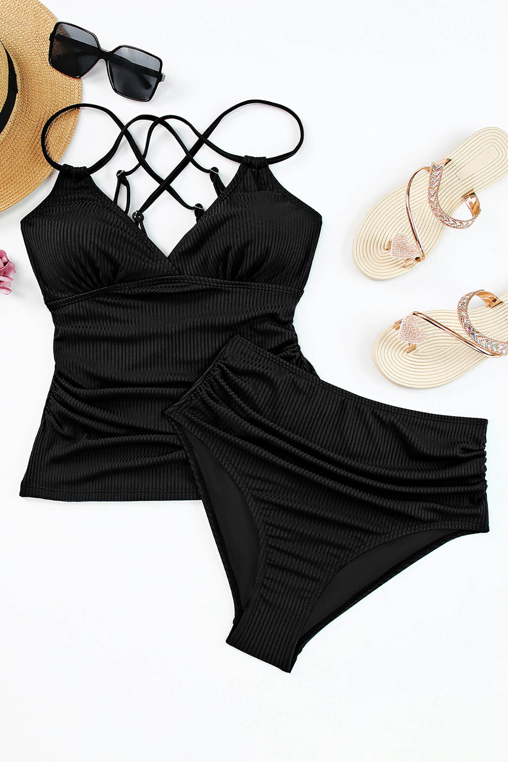 Ribbed Dual Crisscross Straps Cut-Out Back Tankini Suit