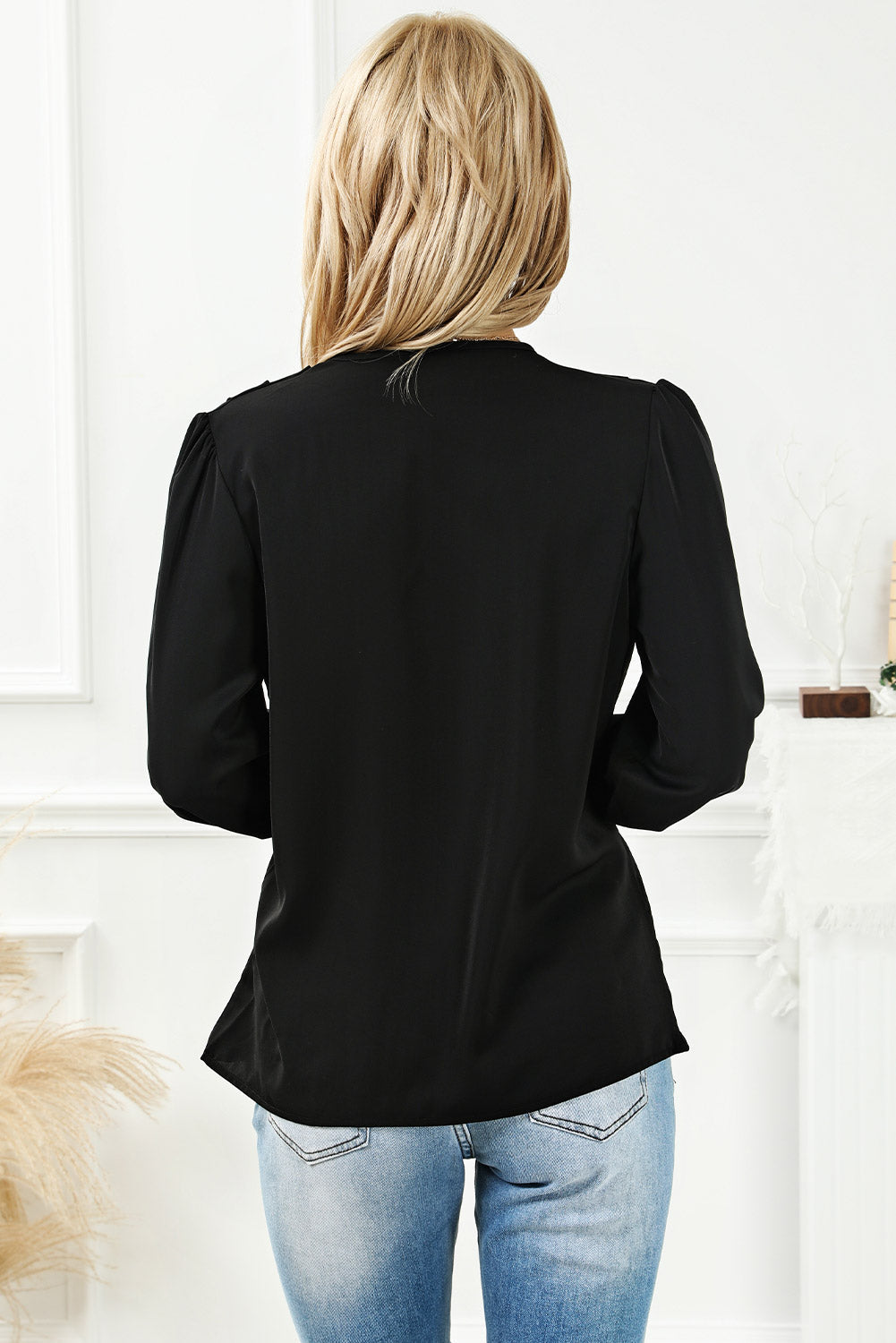 Women's Blouse with Surplice Neck Shirred Cuffs Draped