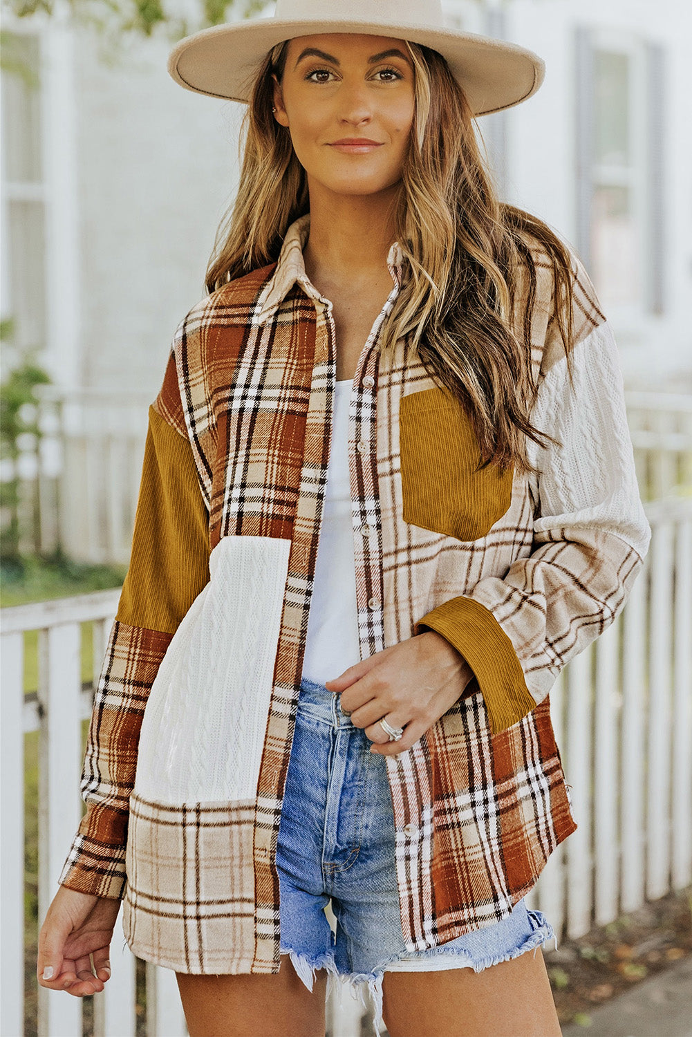 Veste chemise patchwork orange à carreaux color block avec poche