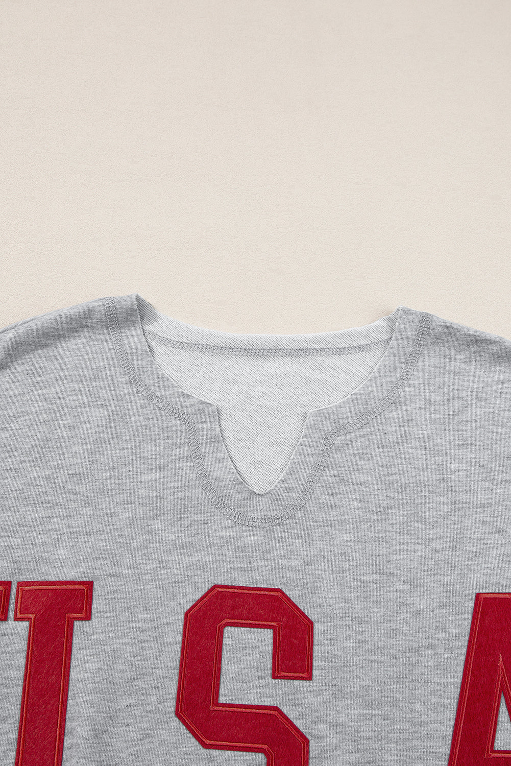 Grey USA Lettering Patch Notched Neck Loose Tee