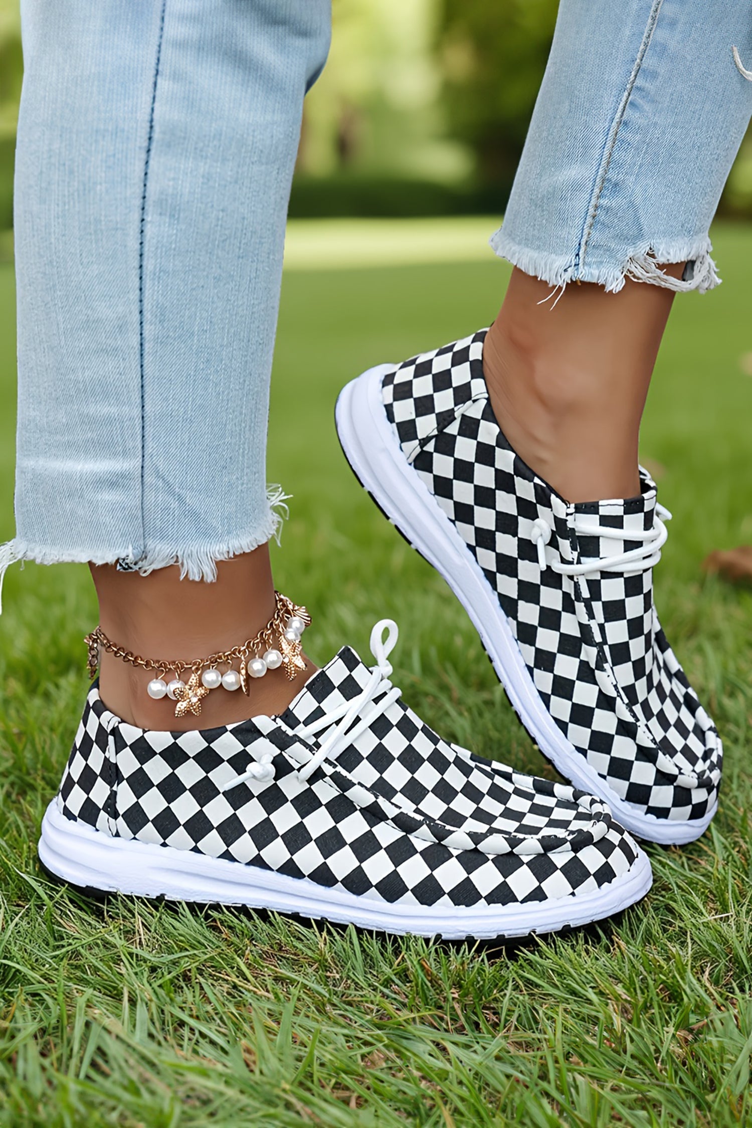 Lace-up Checkered Print Detail Flat Shoes in Black