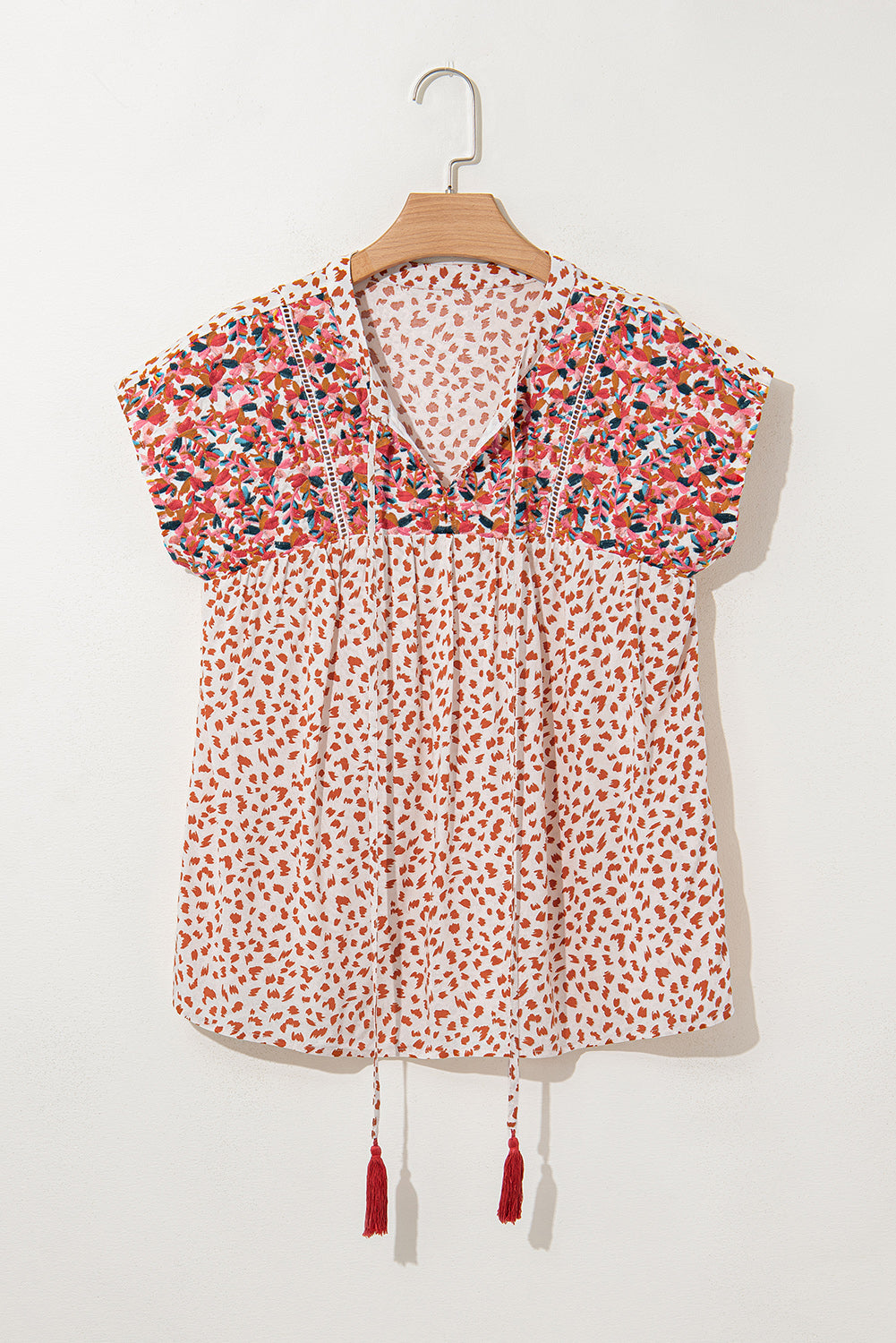 Printed Embroidery Detail Tie Split Neck Blouse