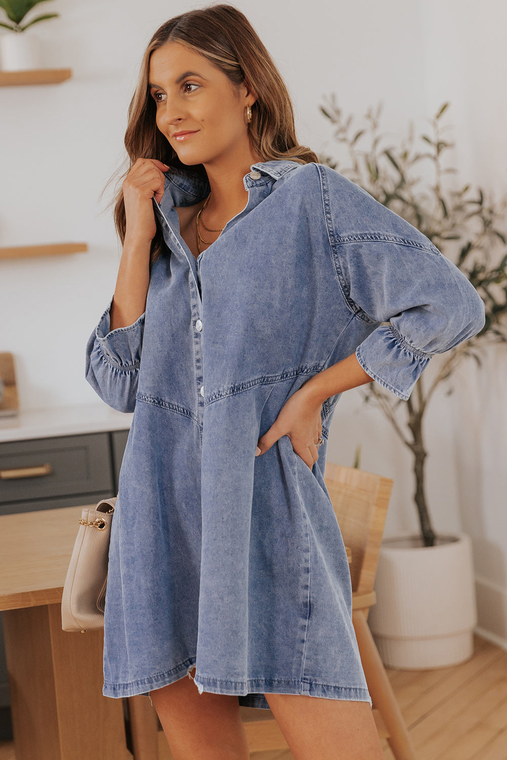Women's Button-Front Long-Sleeve Denim Mini Dress