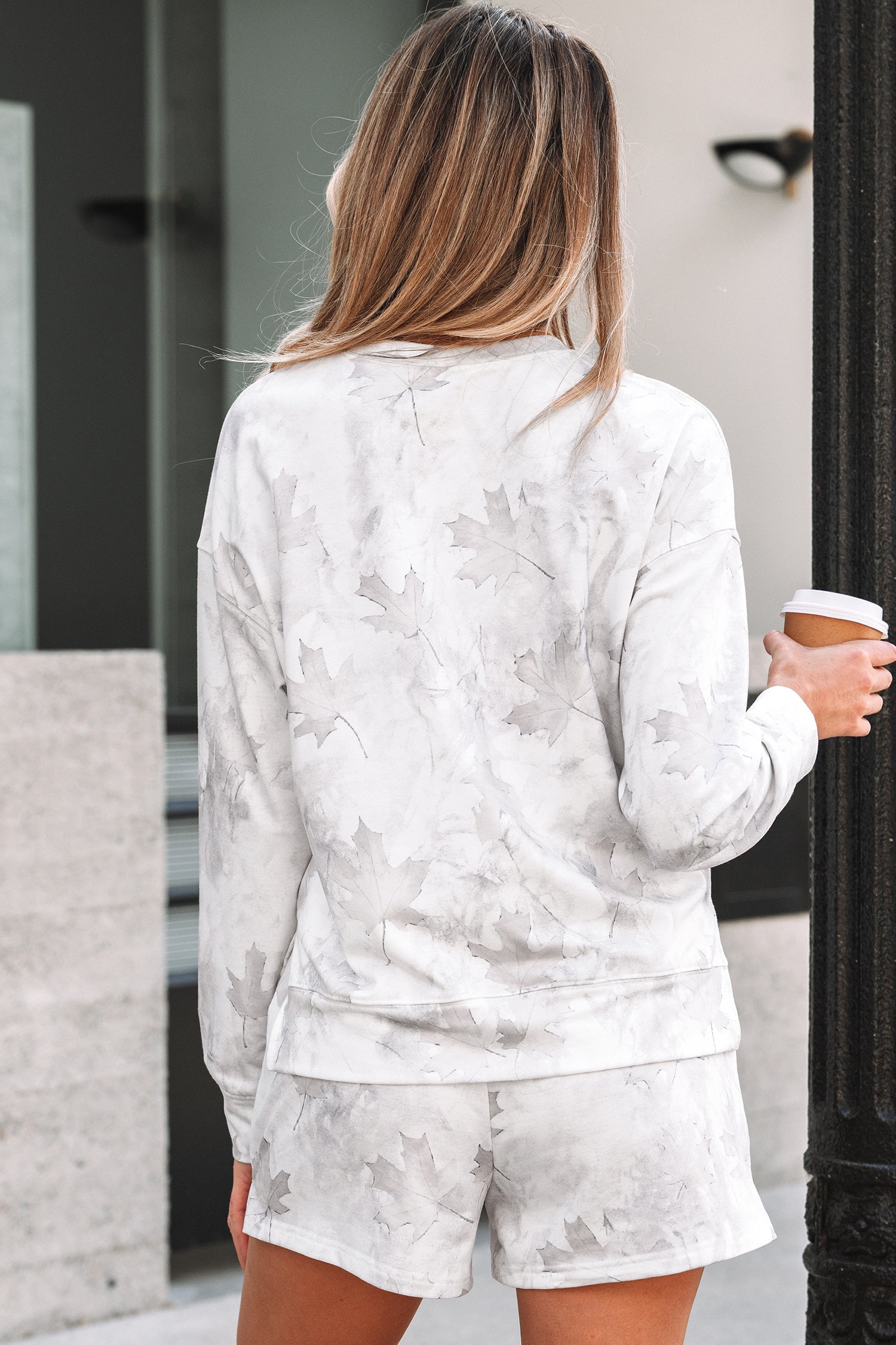 Print Maple Camo Pullover Top and Elastic Waist Everyday Short Set in Beige