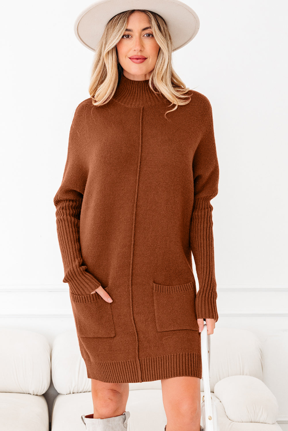 Neck Rib-Knit High Front Pockets Center Seam Shift Knit Top Dress
