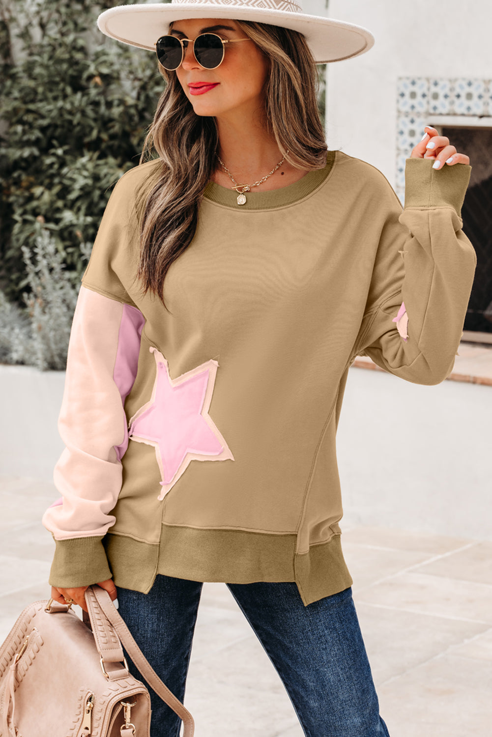Patchwork Contrast Star Exposed Seam Uneven Hem Drop-Shoulder Sweatshirt