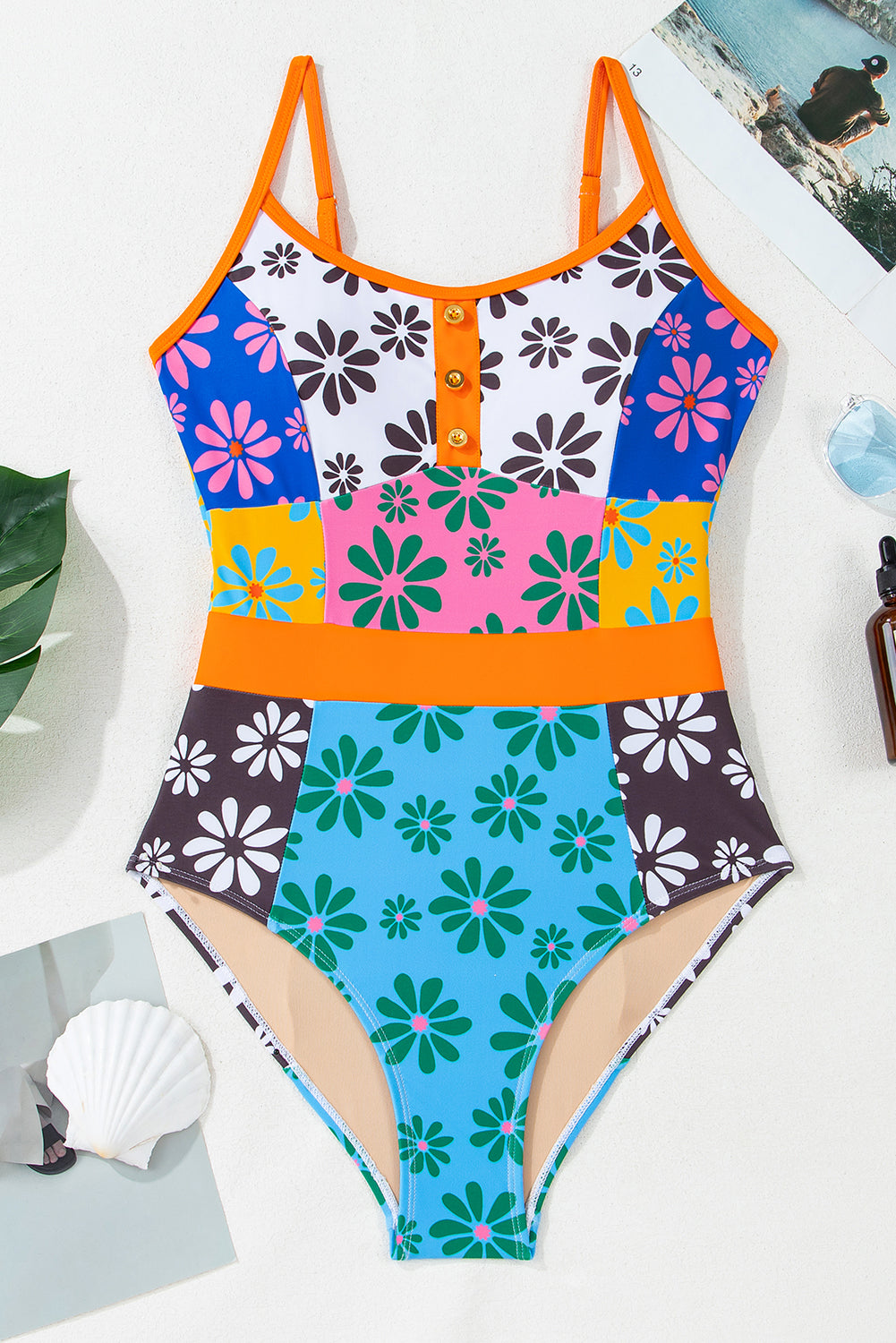 Floral Colorblock Buttoned Front Spaghetti Straps Teddy Swimsuit