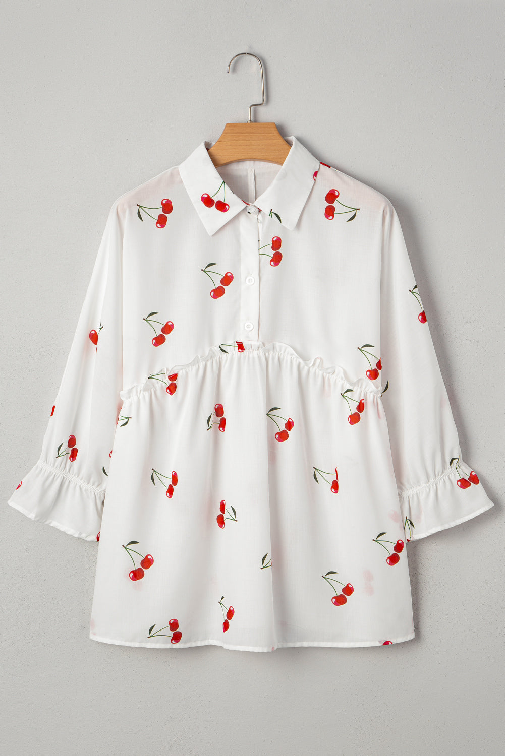 Print Flounce Cherry Flounce Sleeve Collared Frilled Babydoll Blouse