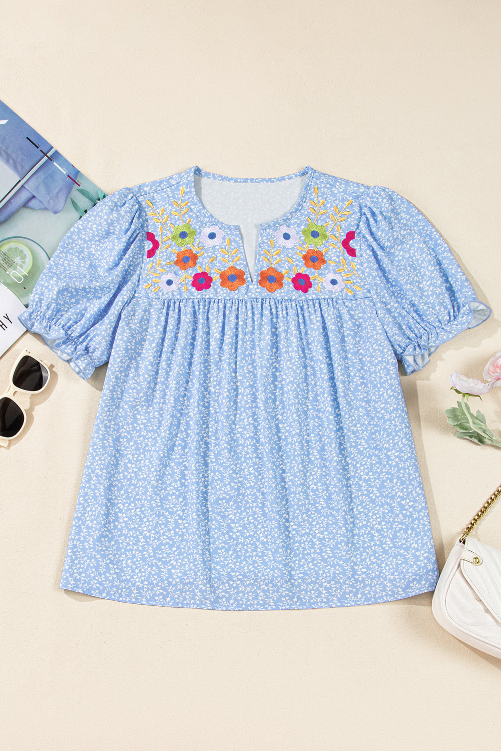 Sky Blue Floral Embroidered Notched V Neck Blouse