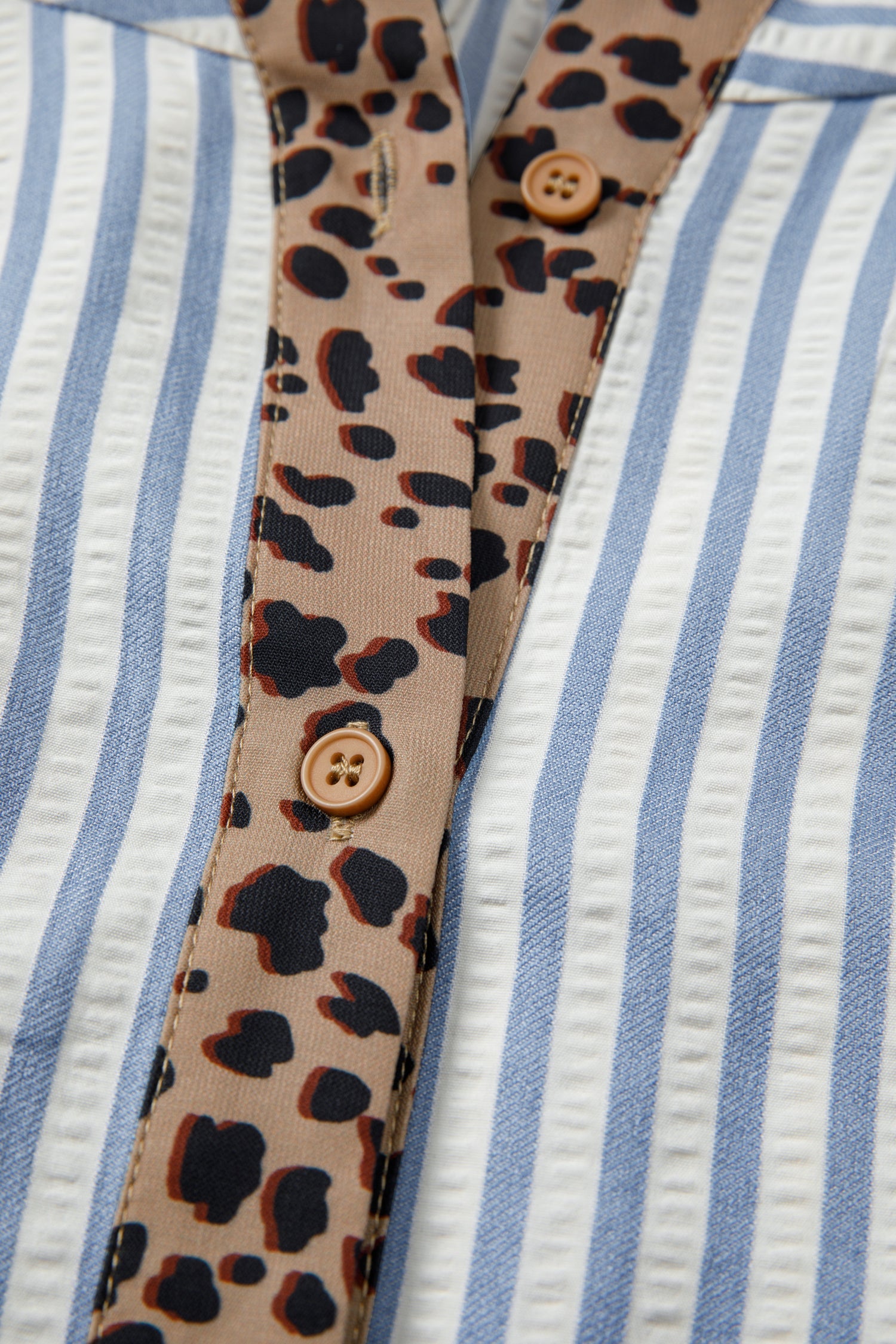Leopard Trim V-Neck Button Down Half Sleeve Shirt