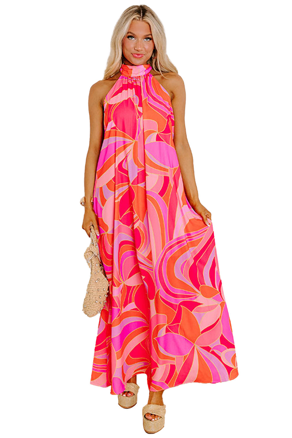 Abstract Printed High Neck Sleeveless Maxi Dress
