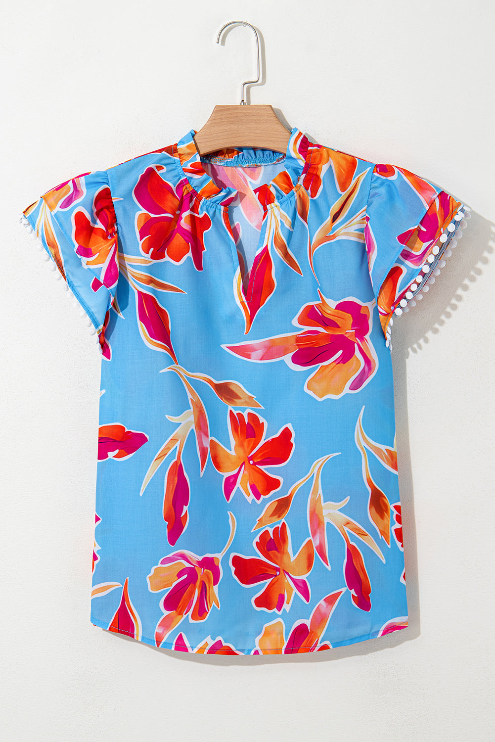 Floral-Print Trim V-Neck Pompom Flutter Sleeve Blouse