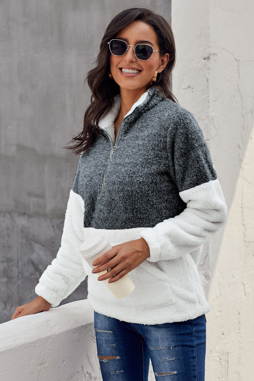 Women's Pullover with Oversize Fluffy Fleece Women Charcoal White Zip Neck