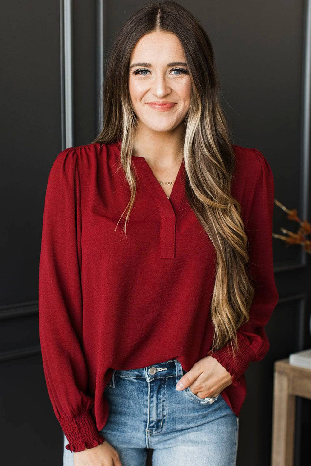 Neck Shirred Notched Shirred Cuff Long-Sleeved Blouse