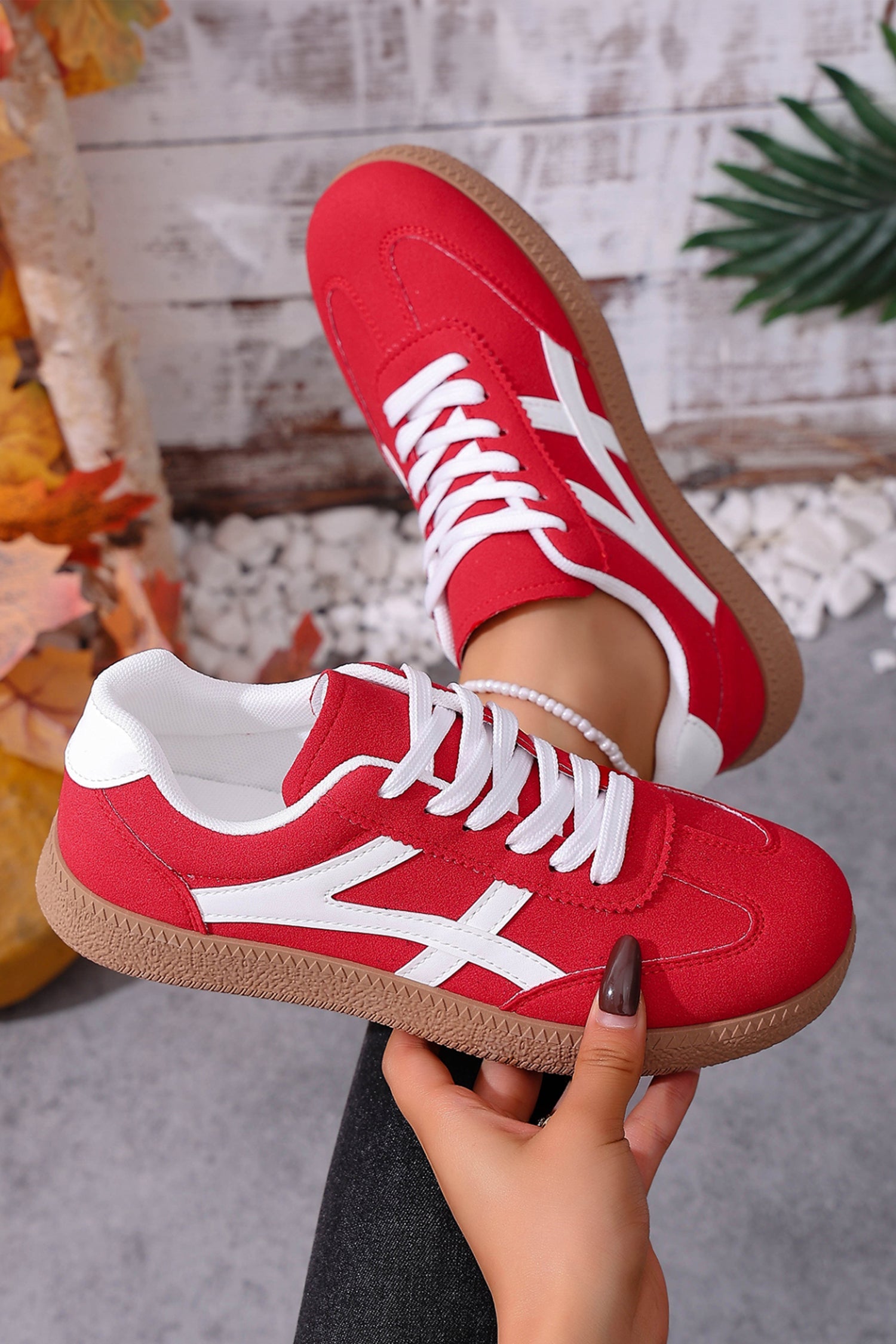 Contrast Faux Suede Patchwork Detail Lace Up Flat Sneakers in Red
