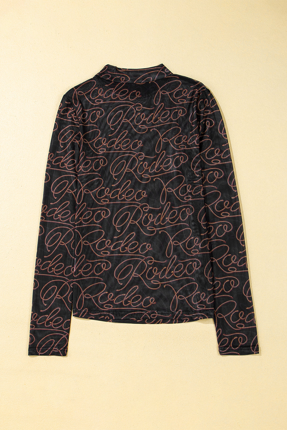 Western Rodeo Printed Mock-Neck Long-Sleeved Mesh Top