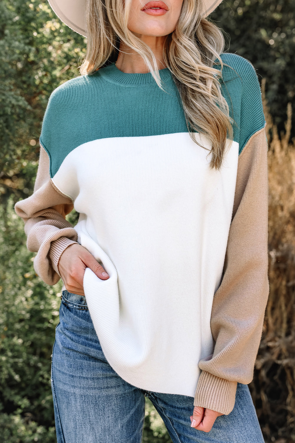 Plain Rib-Knit Colorblock Rib-Knit Knit Baggy Knit Top