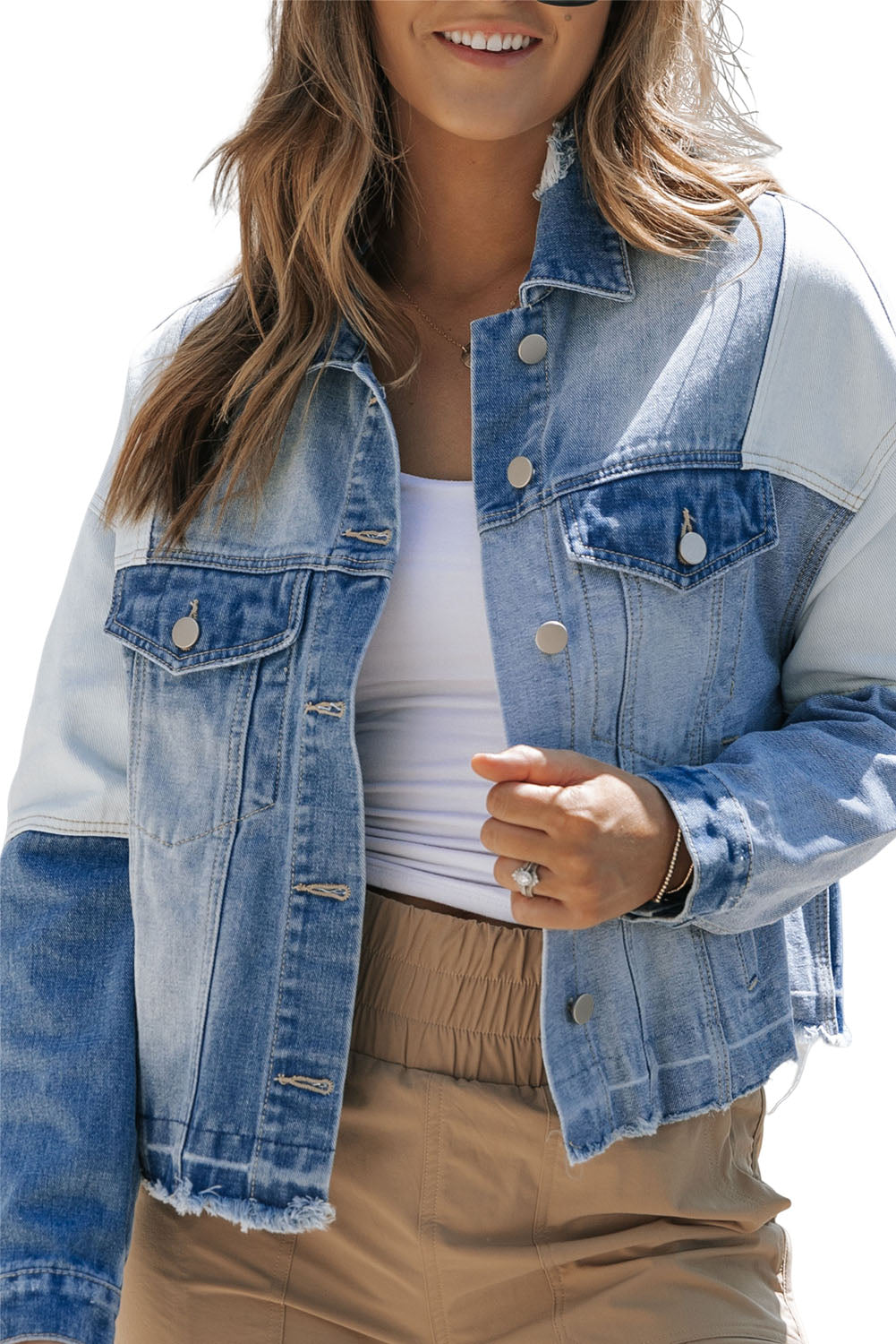 Women's Jacket Featuring Color-Block Denim Patchwork Frayed Hem