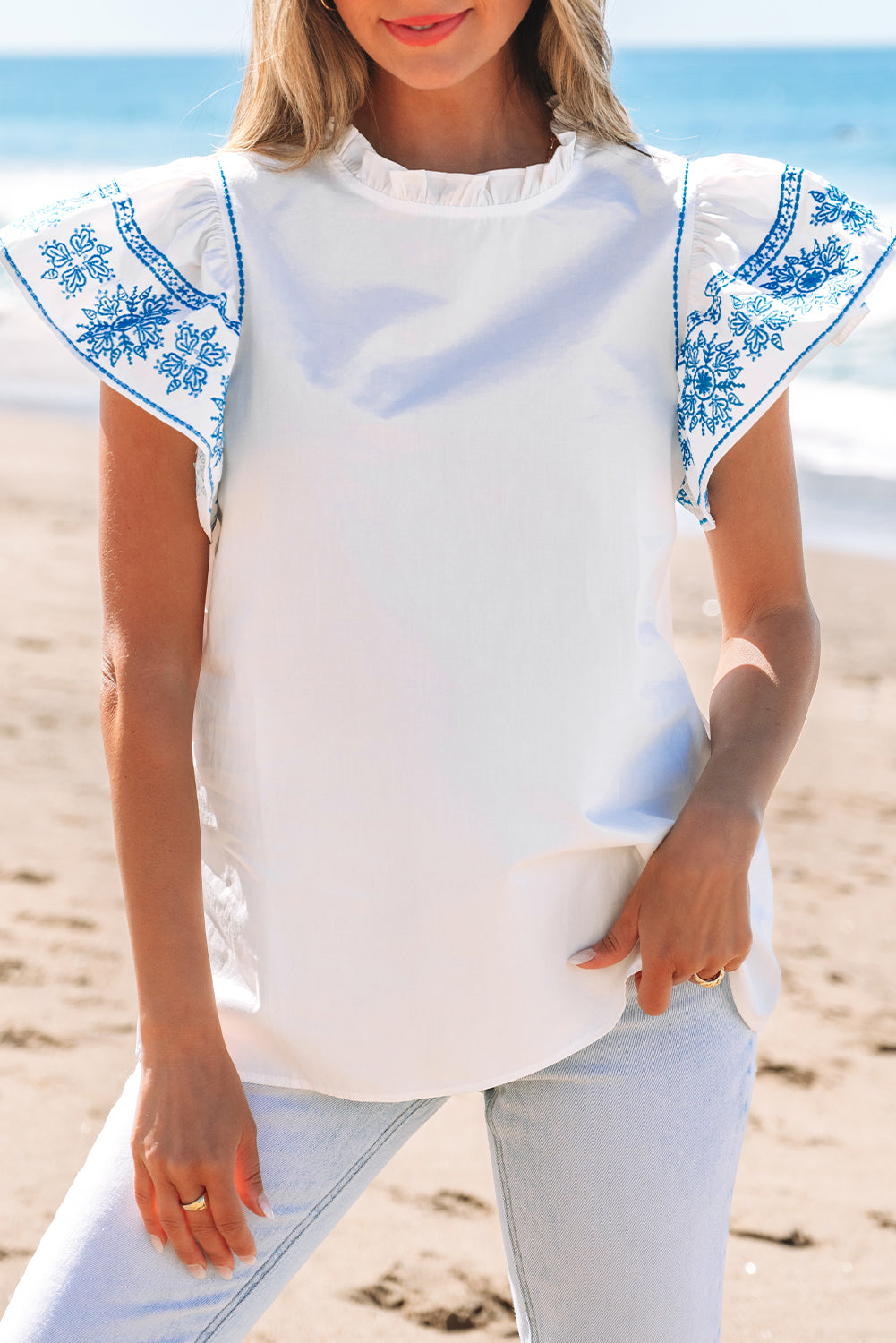 Ruffled Sleeve Embroidered Sleeve Frilled Collar Blouse