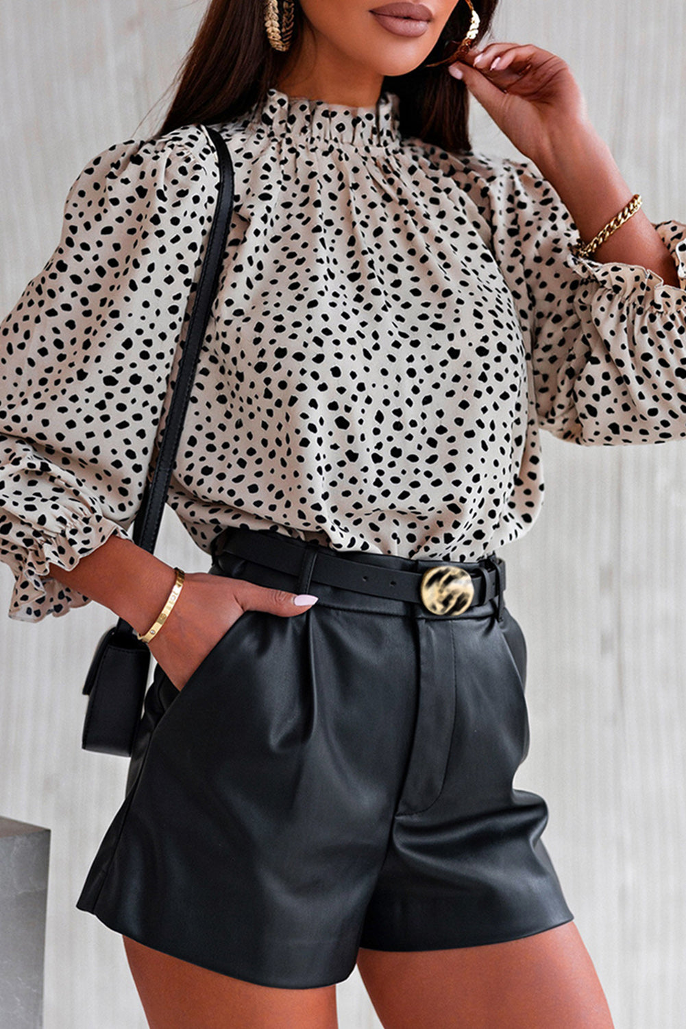 Women's Frill-Trimmed Neck 3/4 Sleeves Cheetah Blouse