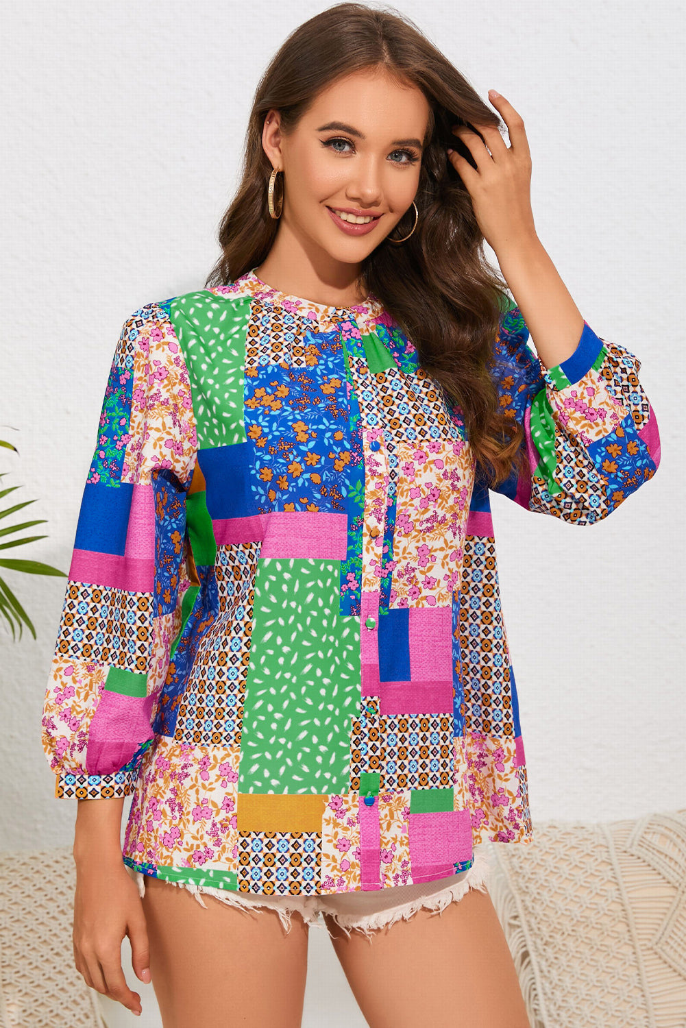 Shirt for Women Floral-Print Patchwork Balloon Sleeve