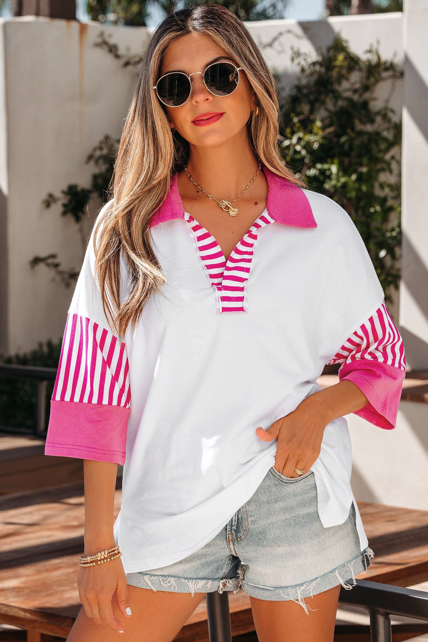 Striped Collar Colorblock Polo Half Sleeve T Shirt in White