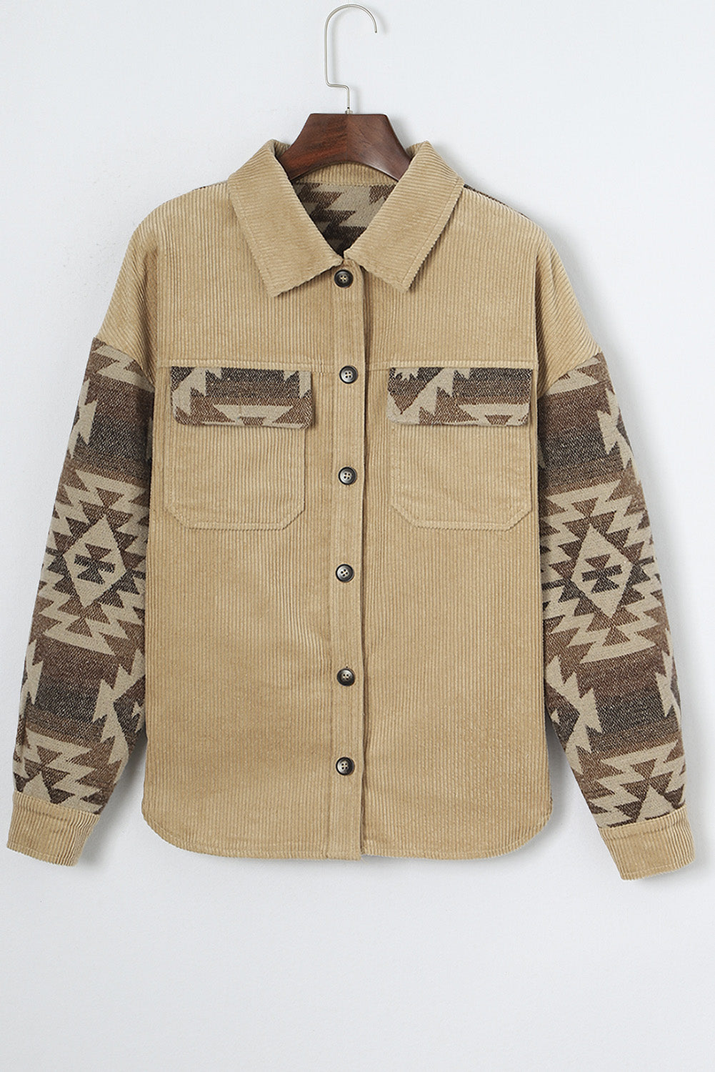 Women's Aztec-Pattern Patchwork Frayed Edge Khaki Cord Jacket