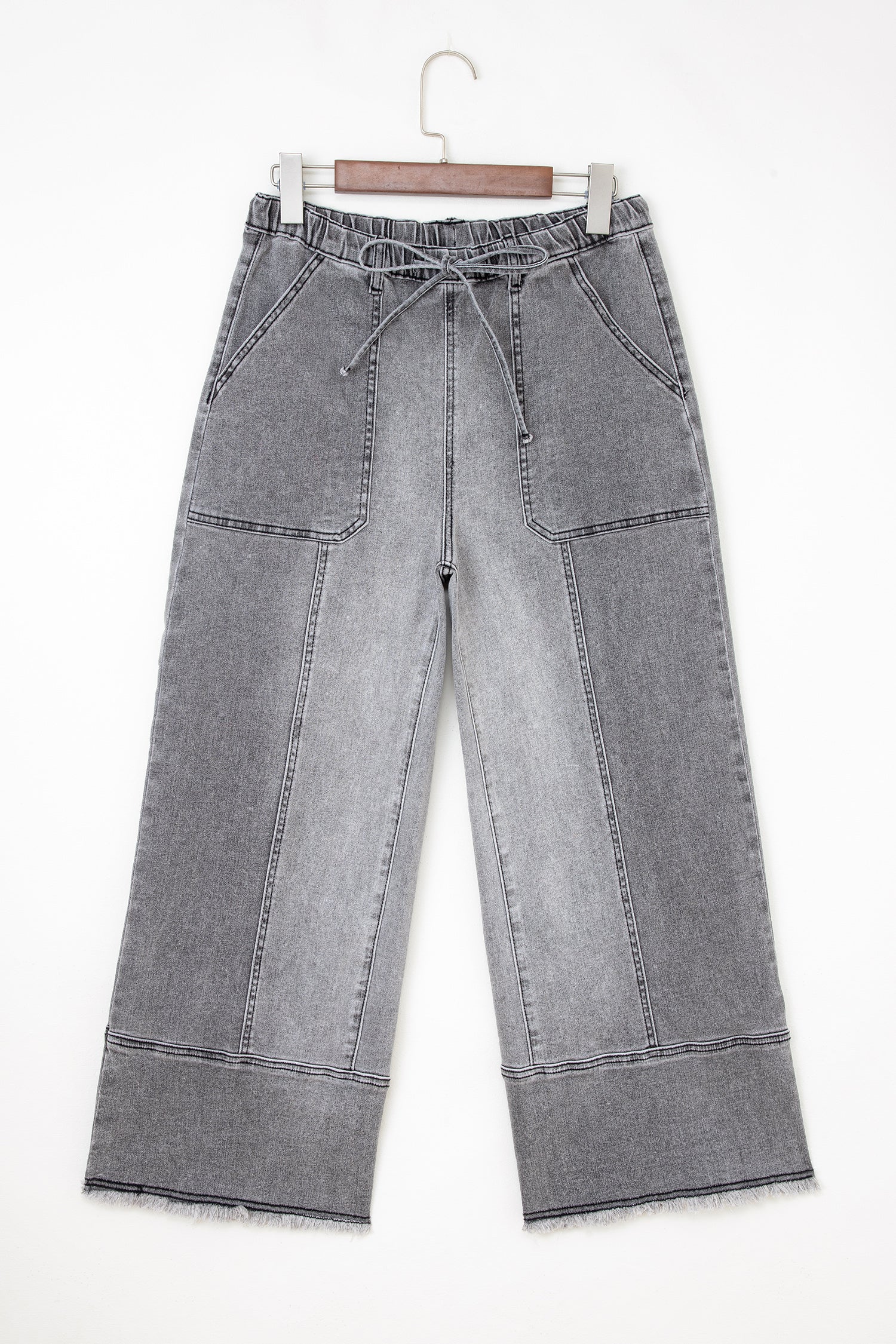 Detail Drawcord Seam Raw Hem Wide-Leg Denim Pants in Gray