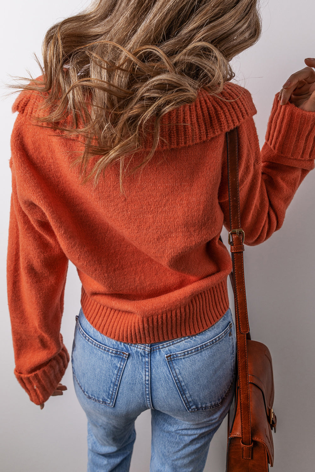 Collared V-Neck Rib-Knit Edge Sexy Refined Knit Top