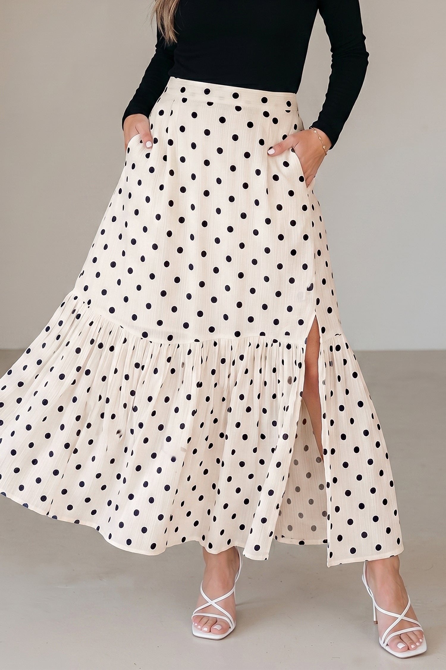 Polka-Dot Maxi Ruffled Slit Skirt in White