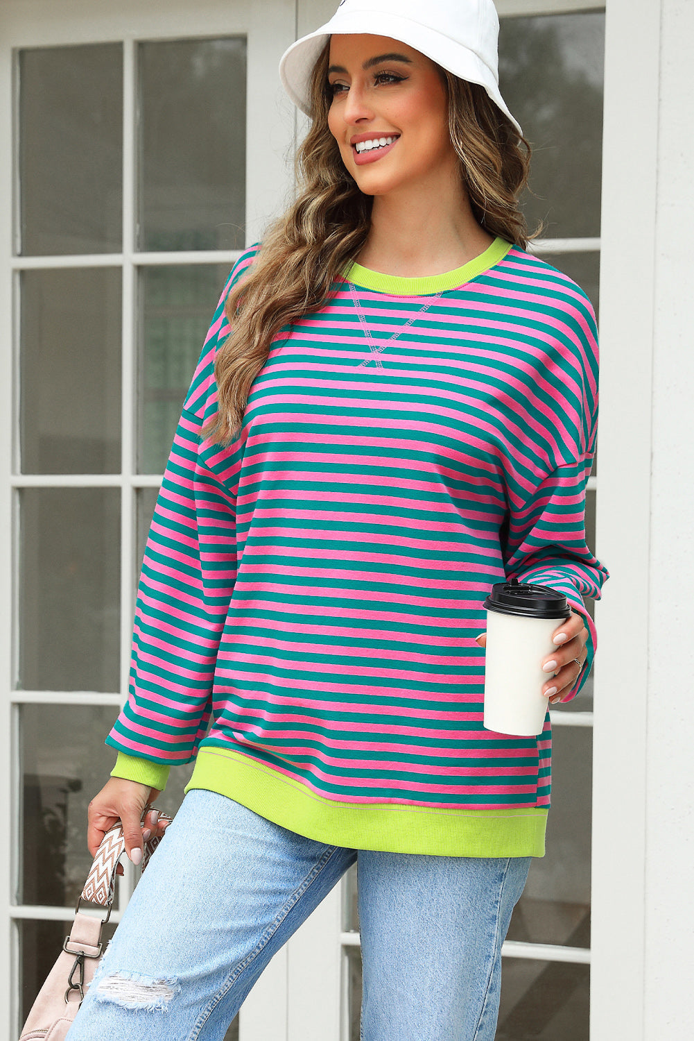 Rib-Knit Trim Contrast Trim Crossed Stitch Drop-Shoulder Sweatshirt