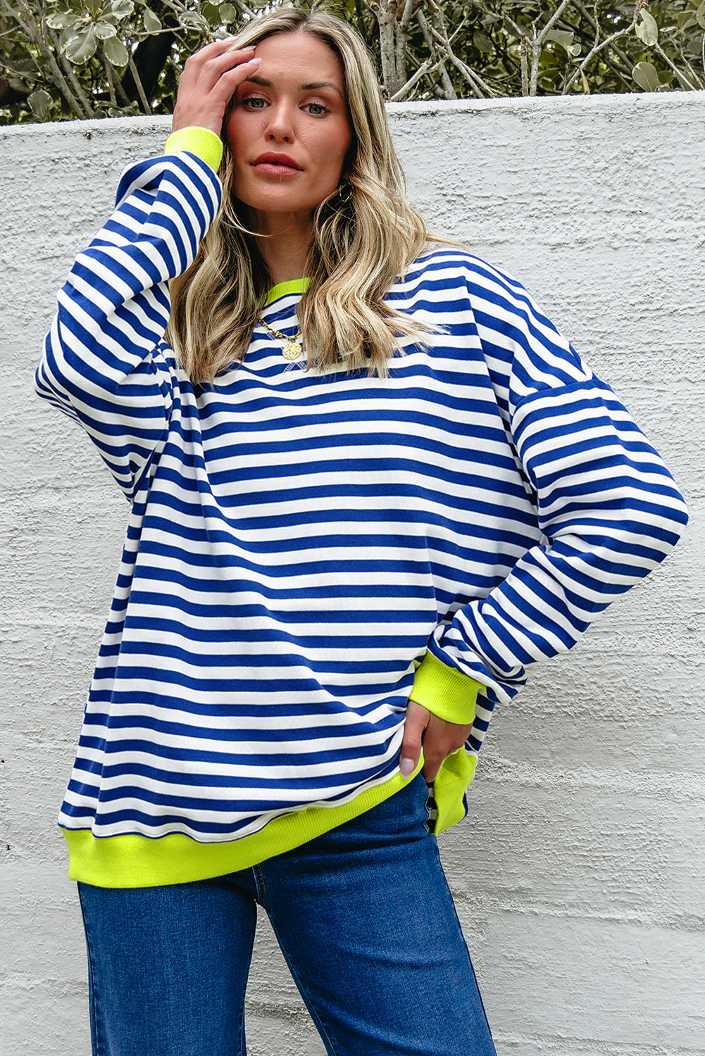 Striped Contrast Rib-Knit Trim Crossed Stitch Drop-Shoulder Sweatshirt Style