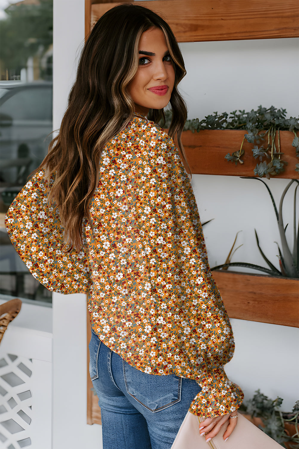 Ruffled Boho Floral Bubble Sleeve V-Neck Fall Blouse