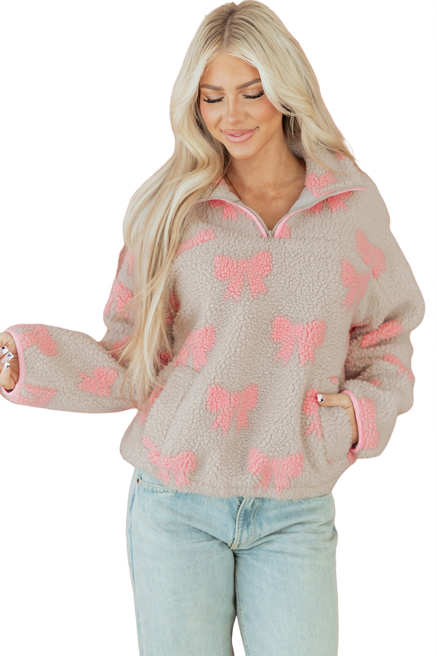 Sherpa Quarter Bow Quarter Zip Drop-Shoulder Baggy Sweatshirt