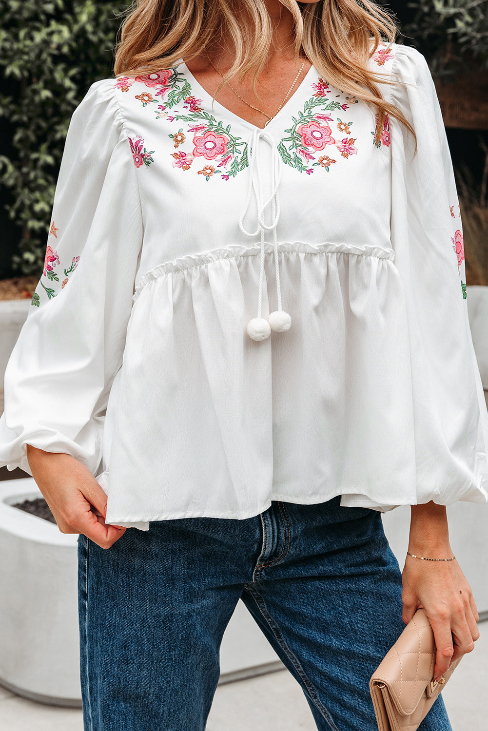 Lace-up Flower Print V-Neck Babydoll Blouse