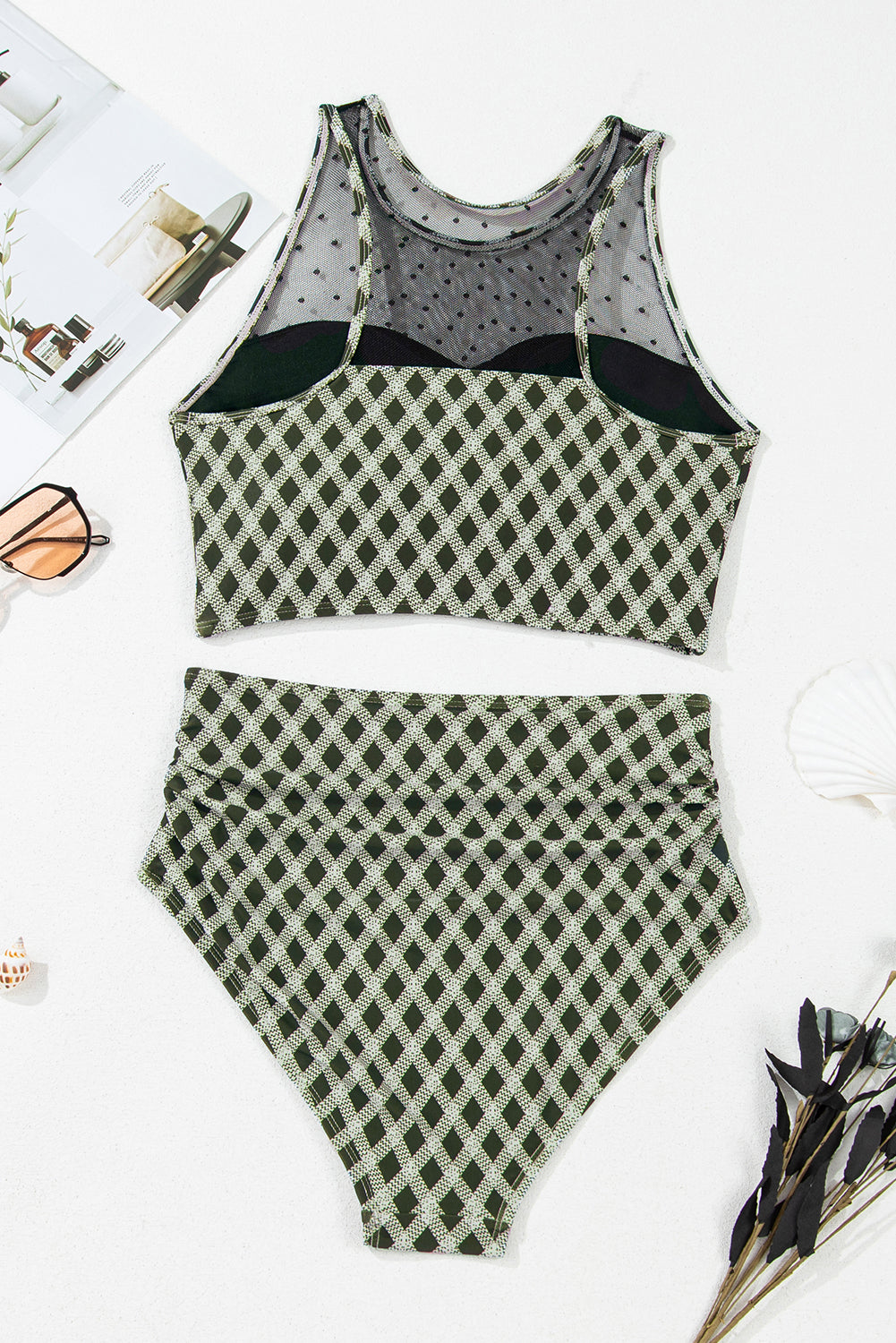 Dotted Mesh Plaid Patchwork High Waisted Bikini