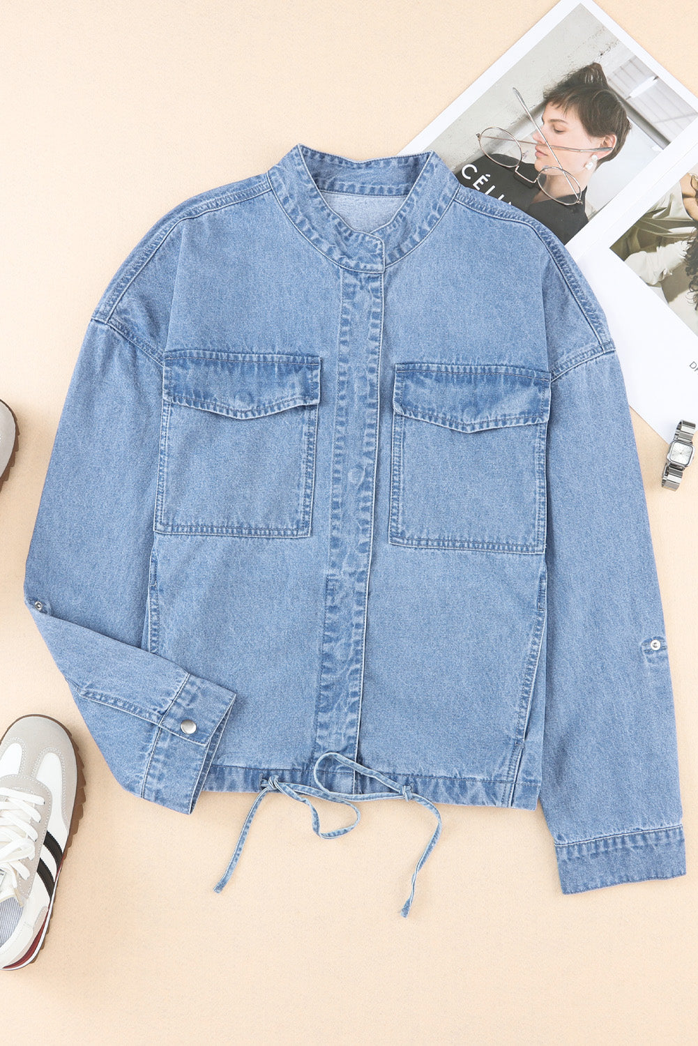 Denim Jacket for Women Roll-Up Tab Sleeve Button Down Pocket