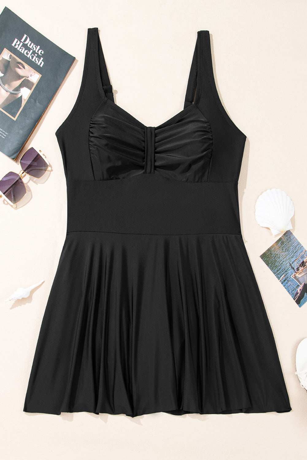Plus Size Black Pleated Ruffled One Piece Swim Dress