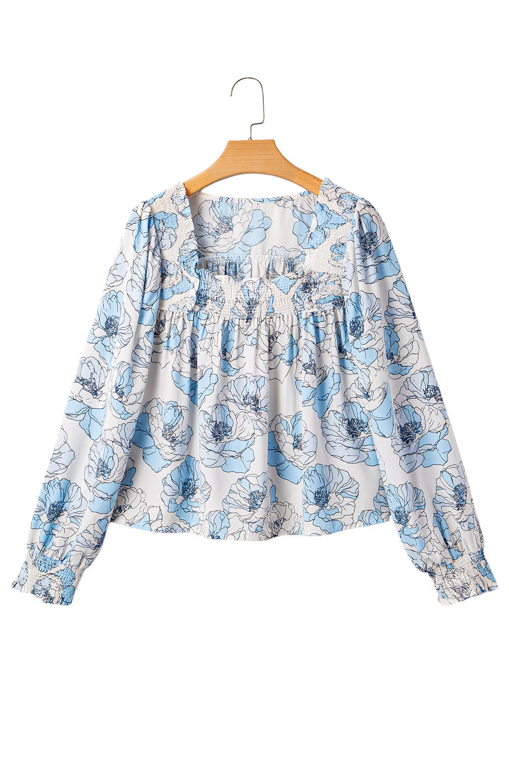 Floral-Print Frilly Smocked Square Neck Long-Sleeved Blouse