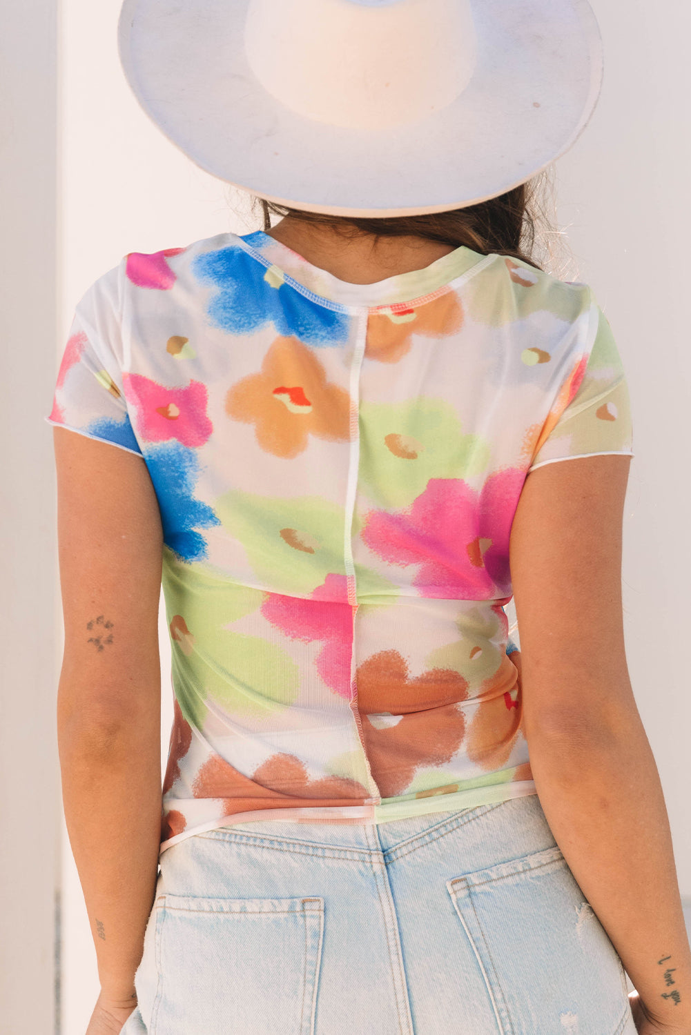 Cute Floral Mesh Lettuce Trim Cropped T Shirt