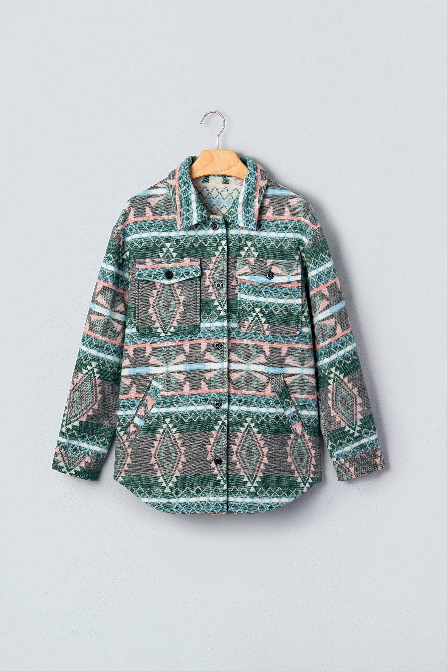 Geometric Print Button Front Long-Sleeved Shacket in Green