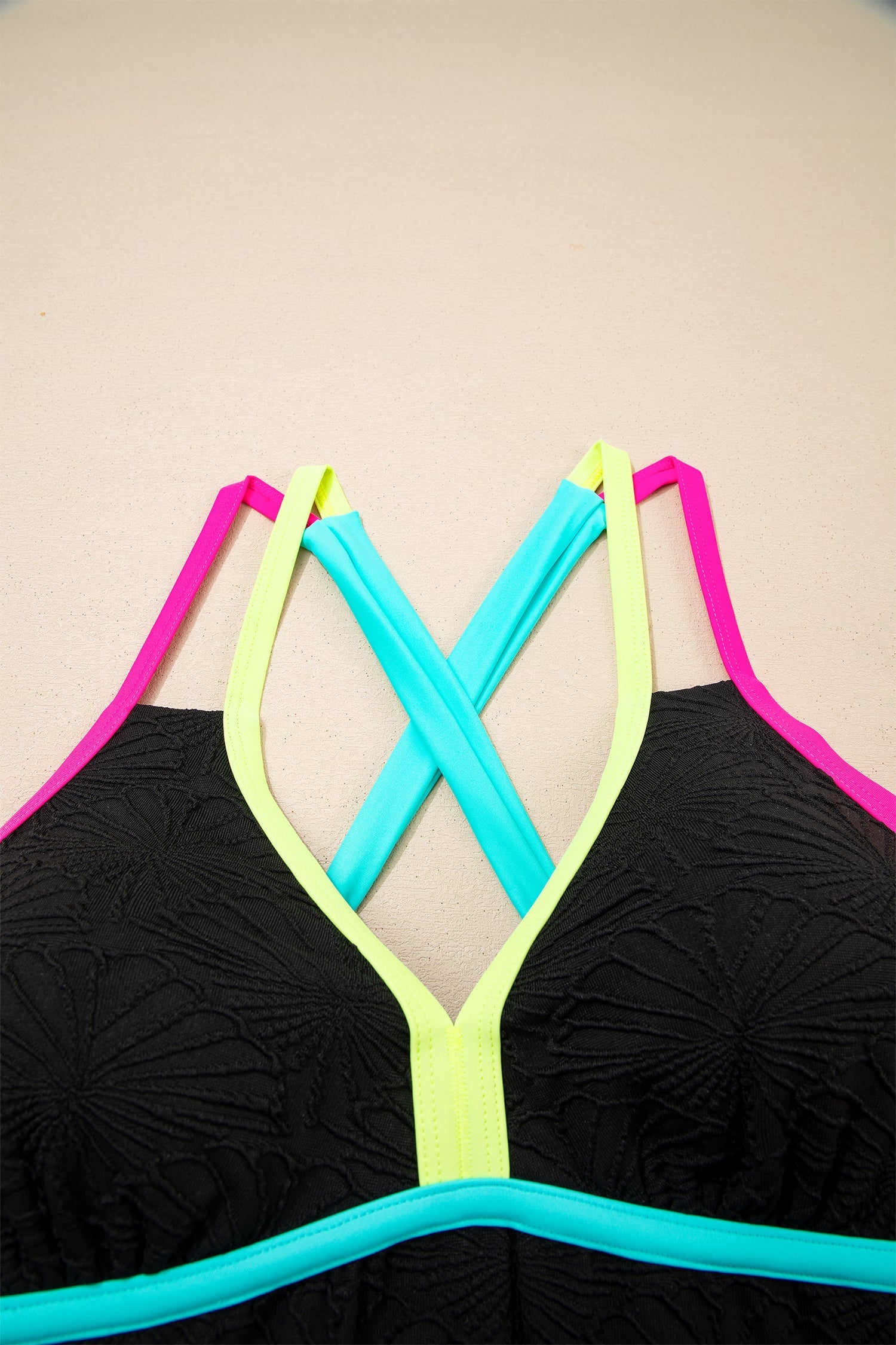 Textured Neon Floral Neon Trim V-Neck Crisscross Backless Tankini Set in Black