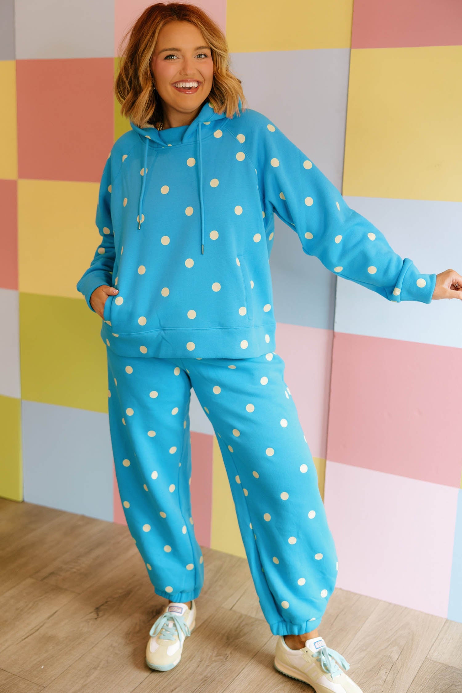 Drawcord Polka-Dot Hooded Long-Sleeved Plus Size Set in Blue