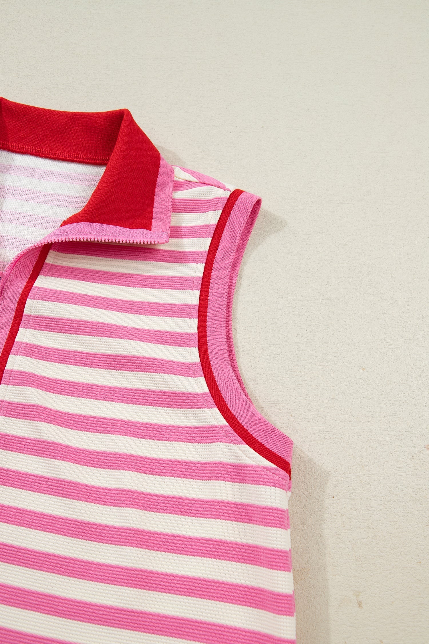 Textured Sachet Pink Stripe Print Contrast Trim Zip Collar Sleeveless 2pcs Skort Set