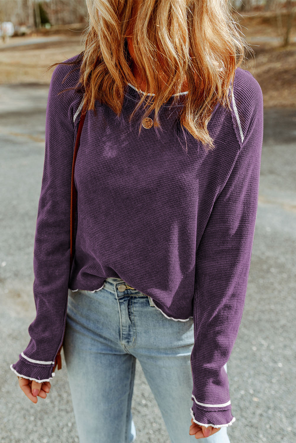 Textured Round-Neck Long-Sleeved Top Style