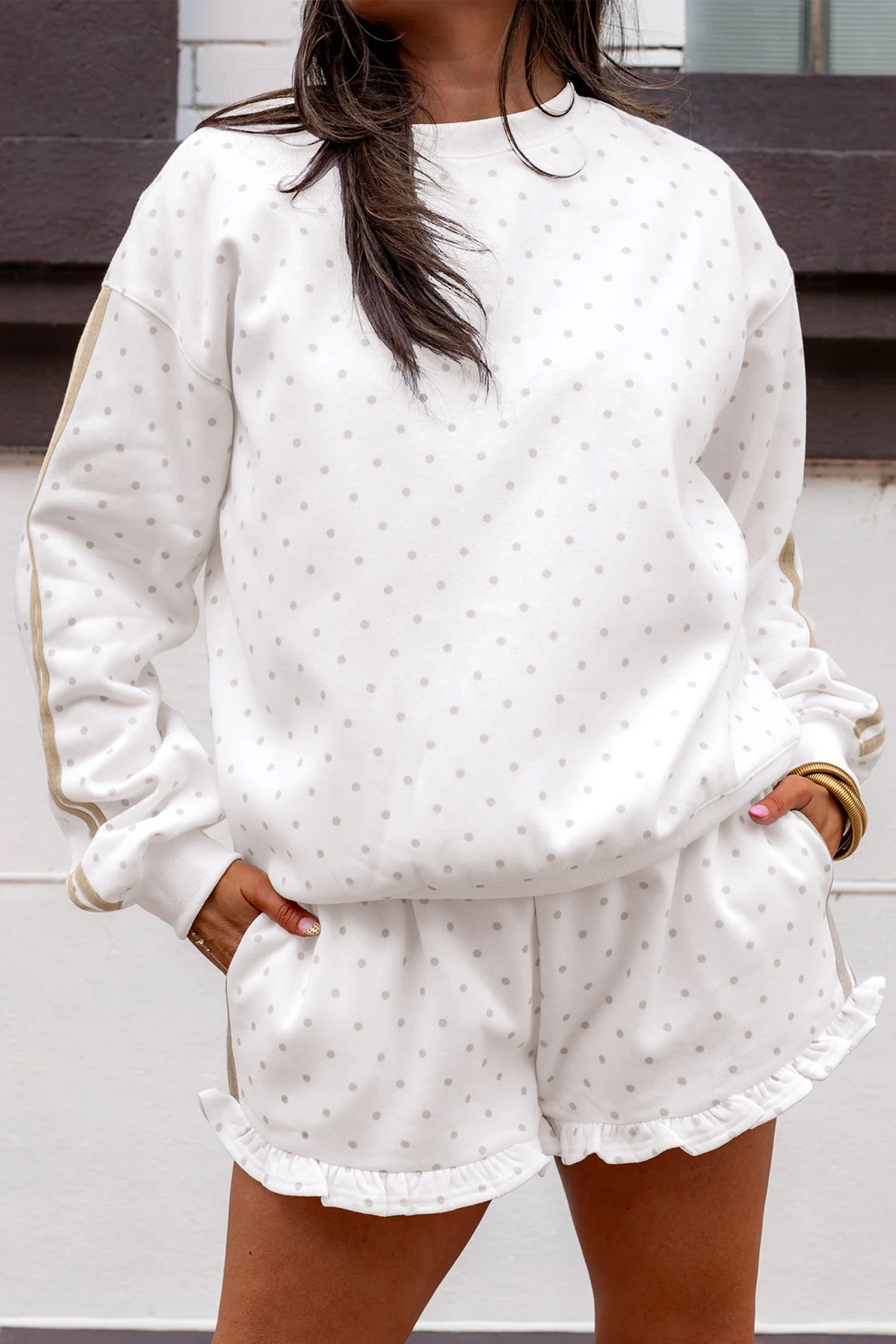 Polka-Dot Print Side Stripe Everyday Sweatshirt 2pcs Short Set in White
