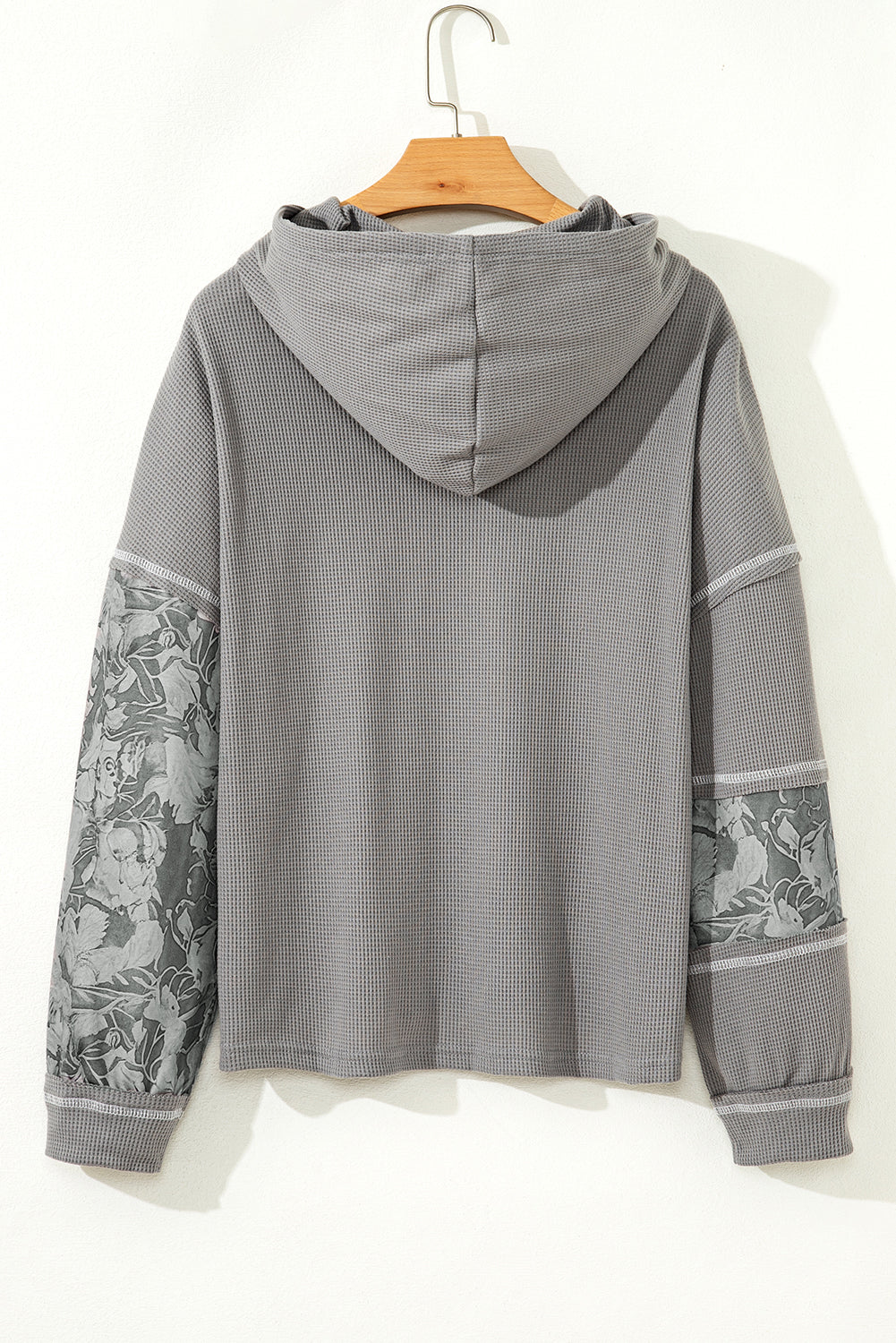 Printed Patchwork Waffle Patchwork Drawcord Hooded Long-Sleeved Top