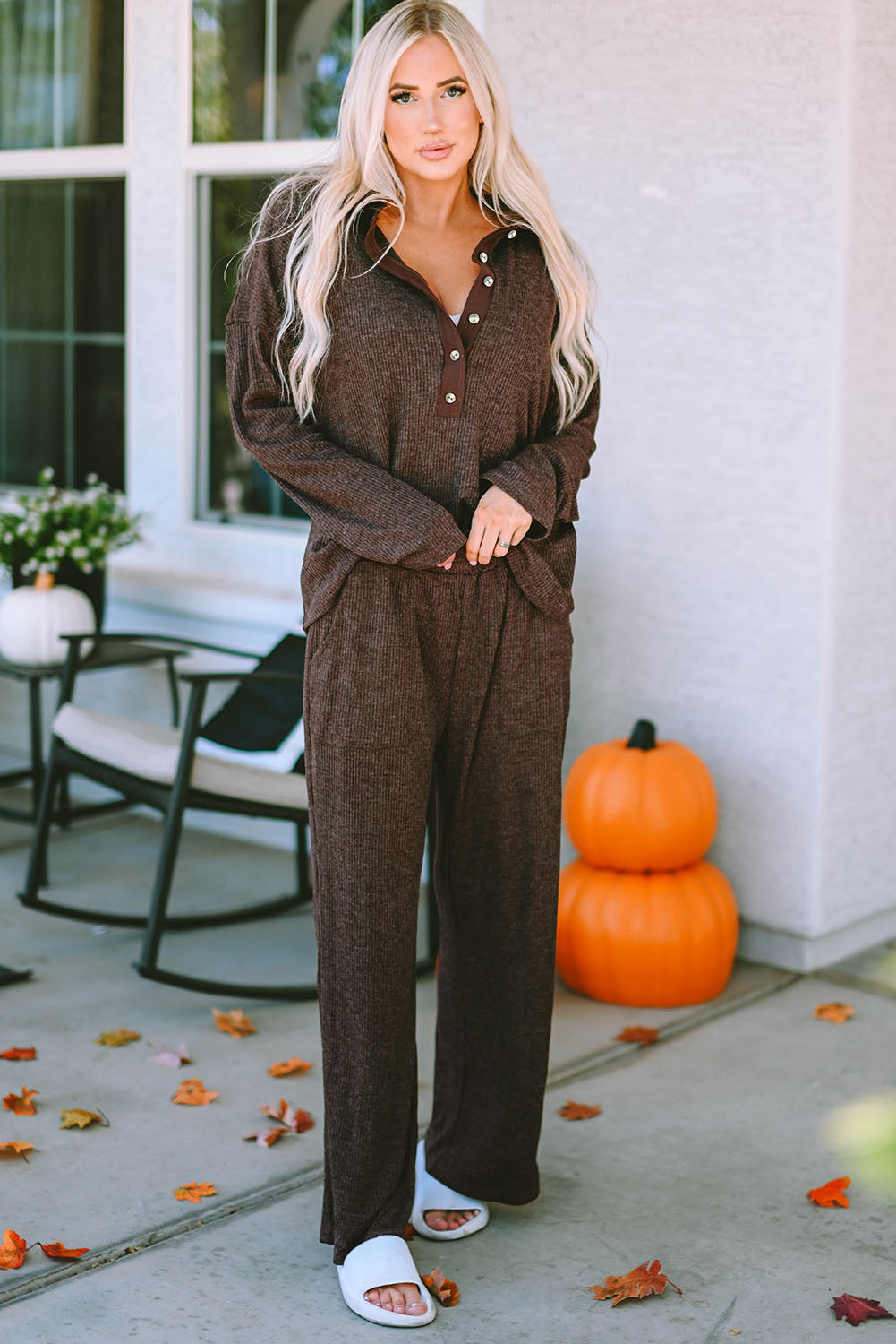 Rib-Knit Henley Knit Collared Top and Pants Lounge Outfit