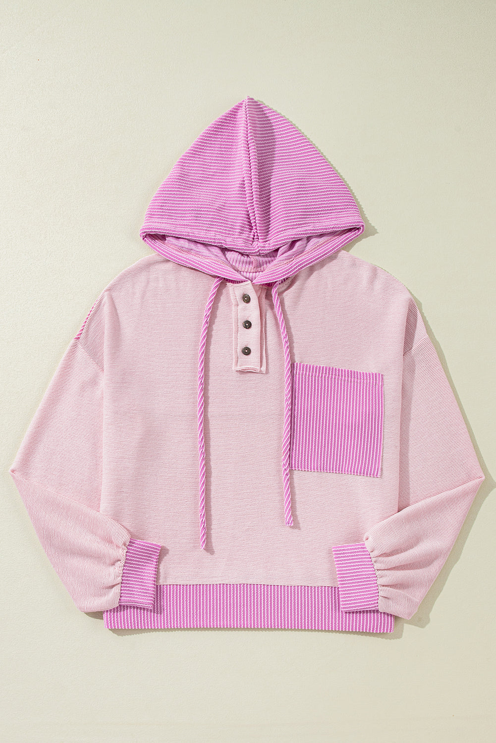 Corded Colorblock Patch Pocket Drawstring Hooded Top